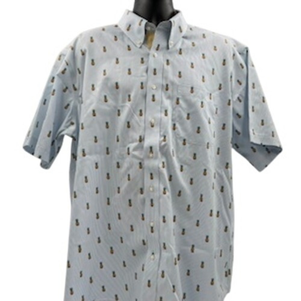 Paul Fredrick Mens‎ 18.5 Blue White Stripe Pineapple Embroidered Classic Fit